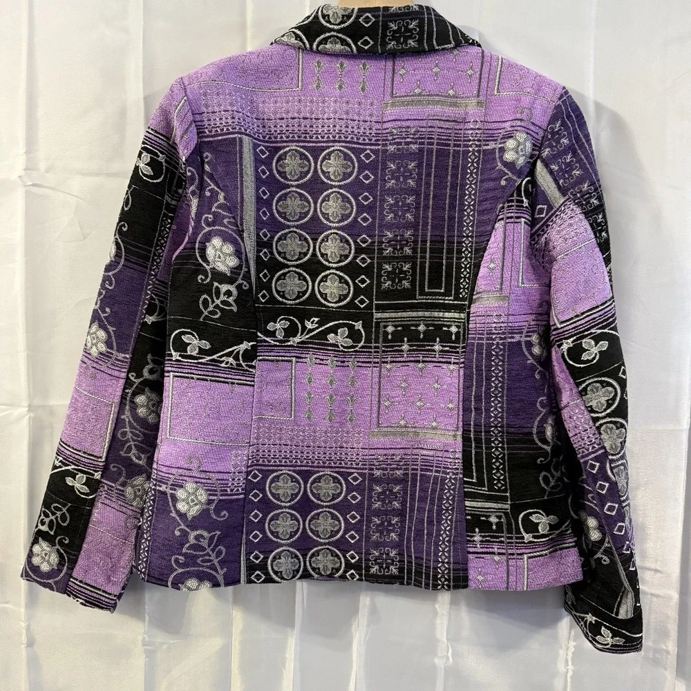 Womens Purple Geometric Textured‎ Patchwork Blazer Jacket S Tapestry